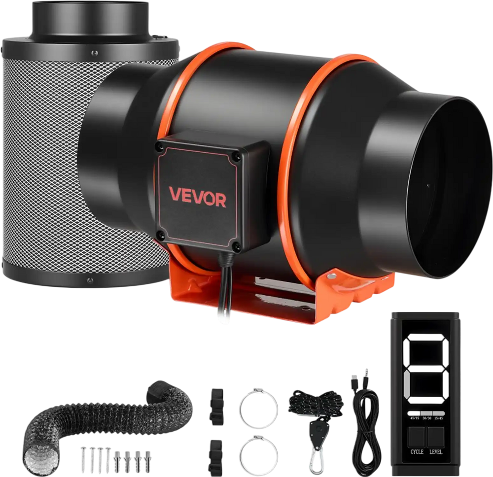 VEVOR Inline Duct Fan Kit with Carbon Filter, 402 CFM 6 inch EC Motor Ventilation Fan with 3-Speed Circulation, 10-Speed PWM Controller, Timer, Cooling for Grow Tents, Indoor Gardening, Hydroponics