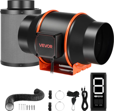 VEVOR Inline Duct Fan Kit with Carbon Filter, 402 CFM 6 inch EC Motor Ventilation Fan with 3-Speed Circulation, 10-Speed PWM Controller, Timer, Cooling for Grow Tents, Indoor Gardening, Hydroponics