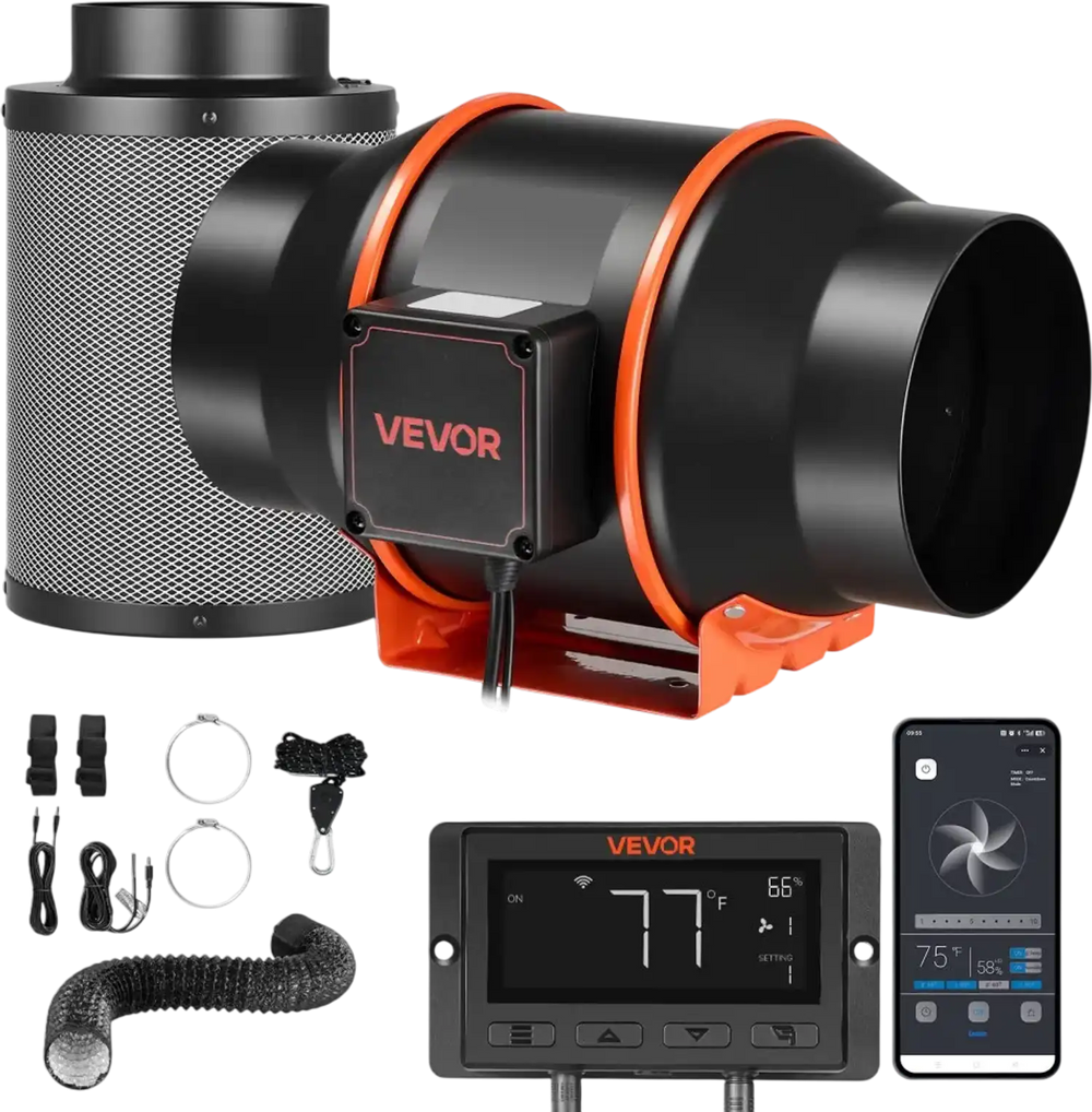 VEVOR Inline Duct Fan Kit Carbon Filter, 402 CFM 6 inch EC Motor Exhaust Ventilation Fan with 10-Speed, PWM Controller, App Control, Timer, Cooling System for Grow Tent, Indoor Gardening, Hydroponics