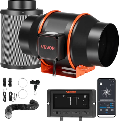 VEVOR Inline Duct Fan Kit Carbon Filter, 402 CFM 6 inch EC Motor Exhaust Ventilation Fan with 10-Speed, PWM Controller, App Control, Timer, Cooling System for Grow Tent, Indoor Gardening, Hydroponics