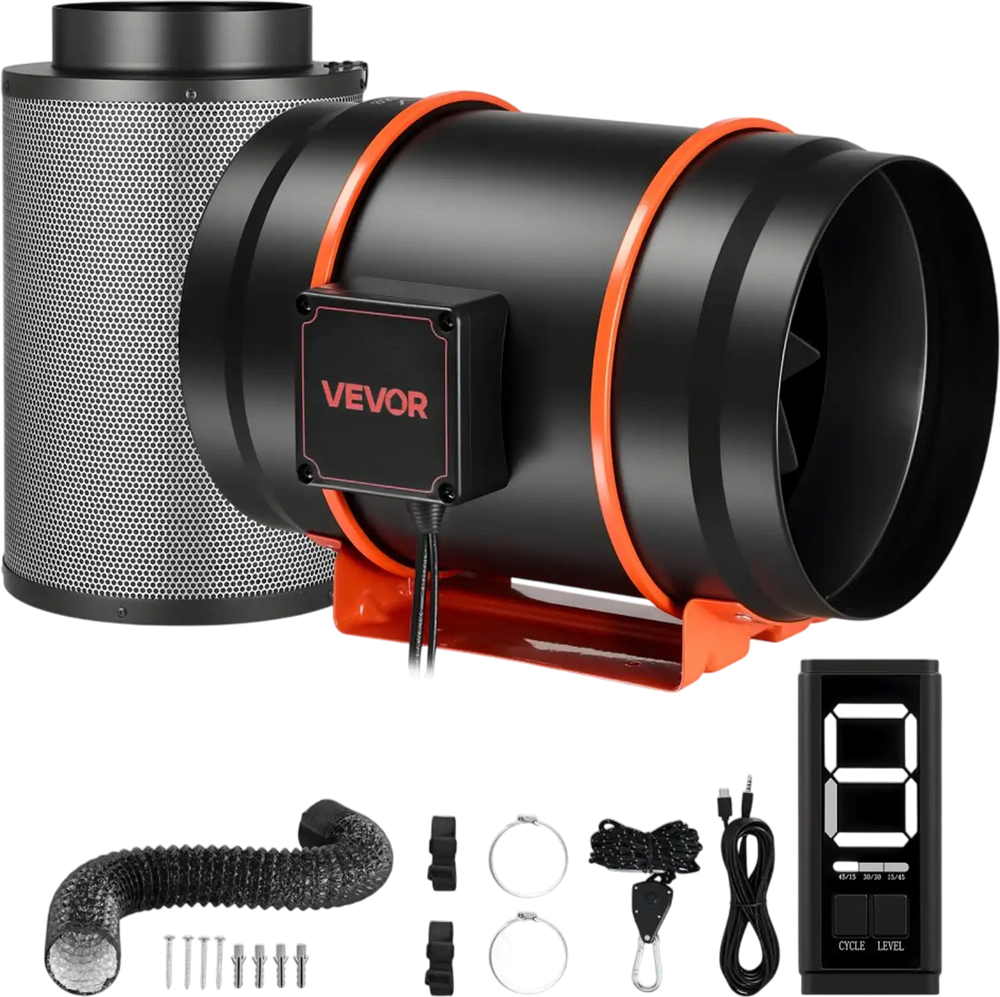 VEVOR Inline Duct Fan Kit with Carbon Filter, 807 CFM 8 inch EC Motor Ventilation Fan with 3-Speed Circulation, 10-Speed PWM Controller, Timer, Cooling for Grow Tents, Indoor Gardening, Hydroponics