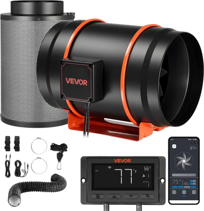 VEVOR Inline Duct Fan Kit Carbon Filter, 807 CFM 8 inch EC Motor Exhaust Ventilation Fan with 10-Speed, PWM Controller, App Control, Timer, Cooling for Grow Tent, Indoor Gardening, Hydroponics