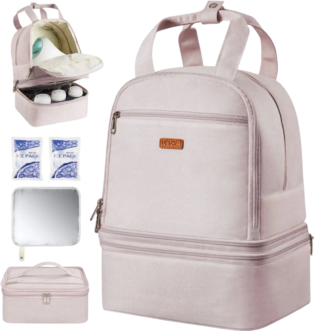 VEVOR Breast Pump Backpack, Breast Feeding Bag with Ice Pack, Fits for S1/S2, Pumping Accessories & Breastmilk Storage, Portable Pump Carrying Case for Work, Travel and Family Use, Light Pink