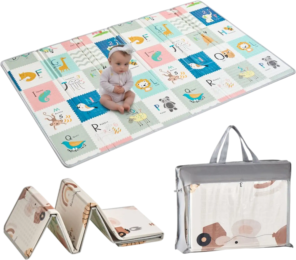 VEVOR Baby Play Mat, 51""x79"" Baby Crawling Mat, Non-Slip One-Piece Foam Baby Playmat, Foldable Portable Reversible Floor Mat with Travel Bag, Waterproof Activity Playmats for Babies, Toddlers, Infants