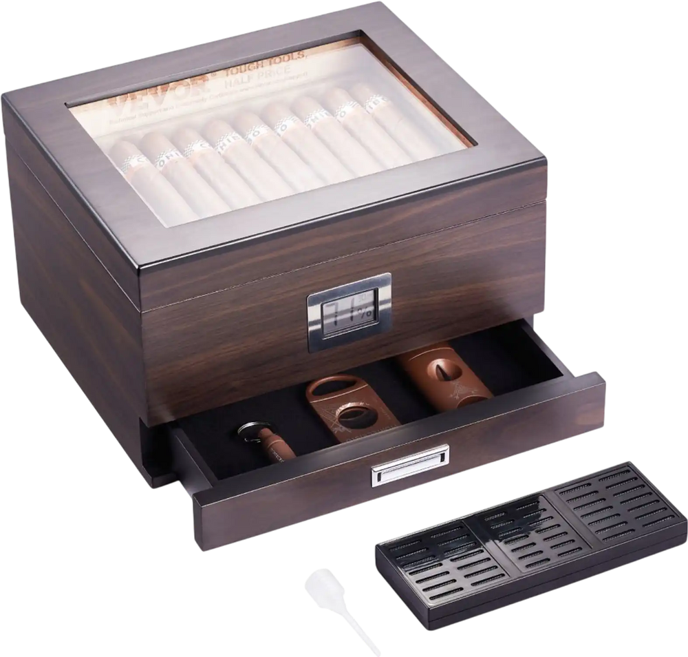 VEVOR Cigar Humidor, Glass Top Cigar Humidor Box, Handmade Spanish Cedar Wood Cigar Desktop Box, Cigar Storage Case with Humidifier, Hygrometer, Divider and Accessory Drawer, 30-50 Cigars