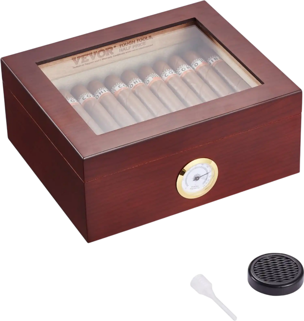 VEVOR Cigar Humidor, Glass Top Cigar Humidor Box, Handmade Spanish Cedar Wood Cigar Desktop Box, Cigar Storage Case with Humidifier, Hygrometer and Divider, 30-50 Cigars, Great Gift for Men