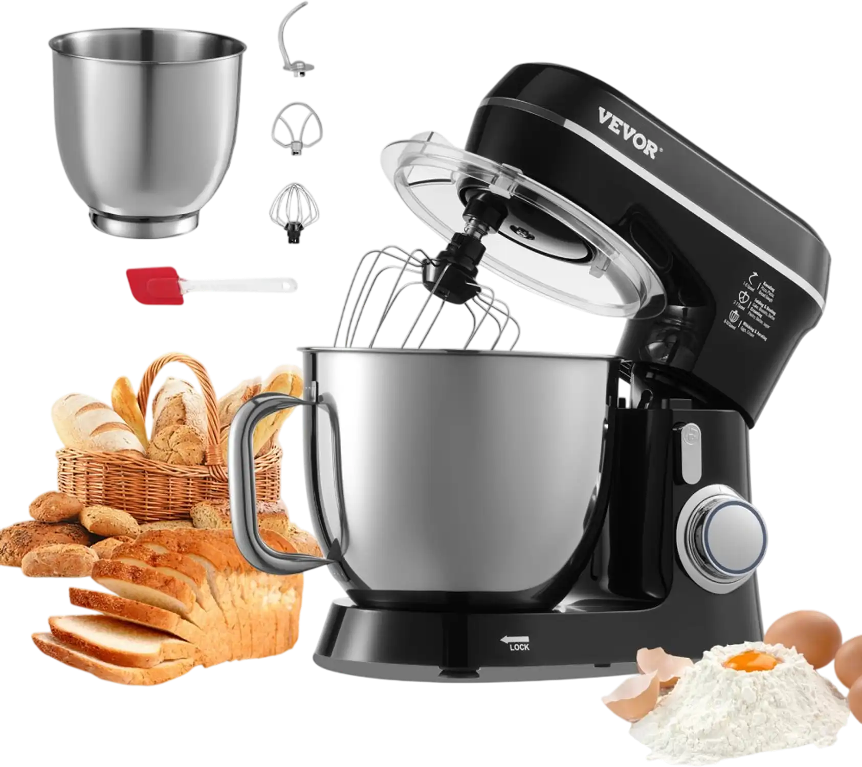 Vevor Stand Mixer 5.3 Qt Tilt-Head Food Mixer with 2 Stainless Steel Bowls Black New