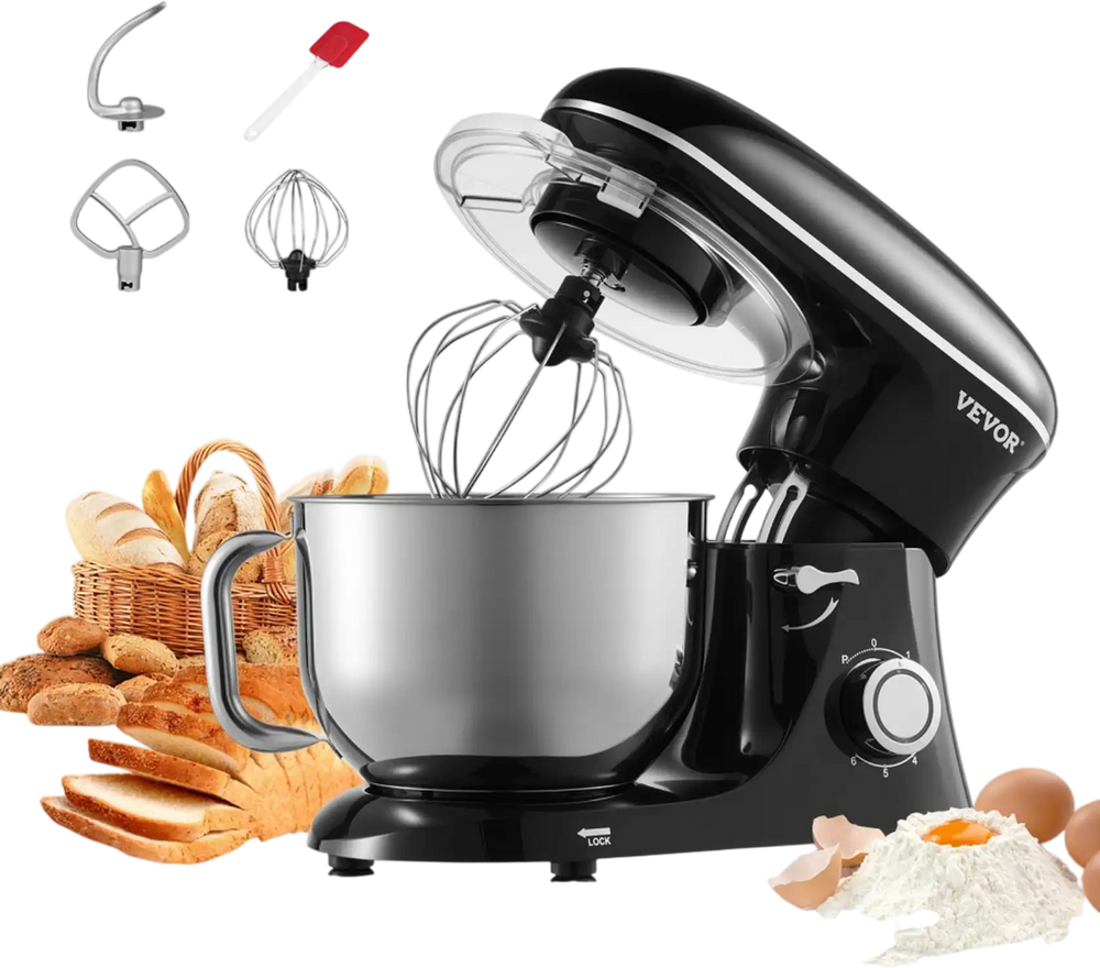 VEVOR Stand Mixer, 6 QT Dough Mixer, 660W 6 + P Speeds Tilt-head Food Mixer with Stainless Steel Bowl, Dough Hook, Wire Whip, Flat Beater, Scraper,Household Stand Mixer for Baking & Mixing, Black