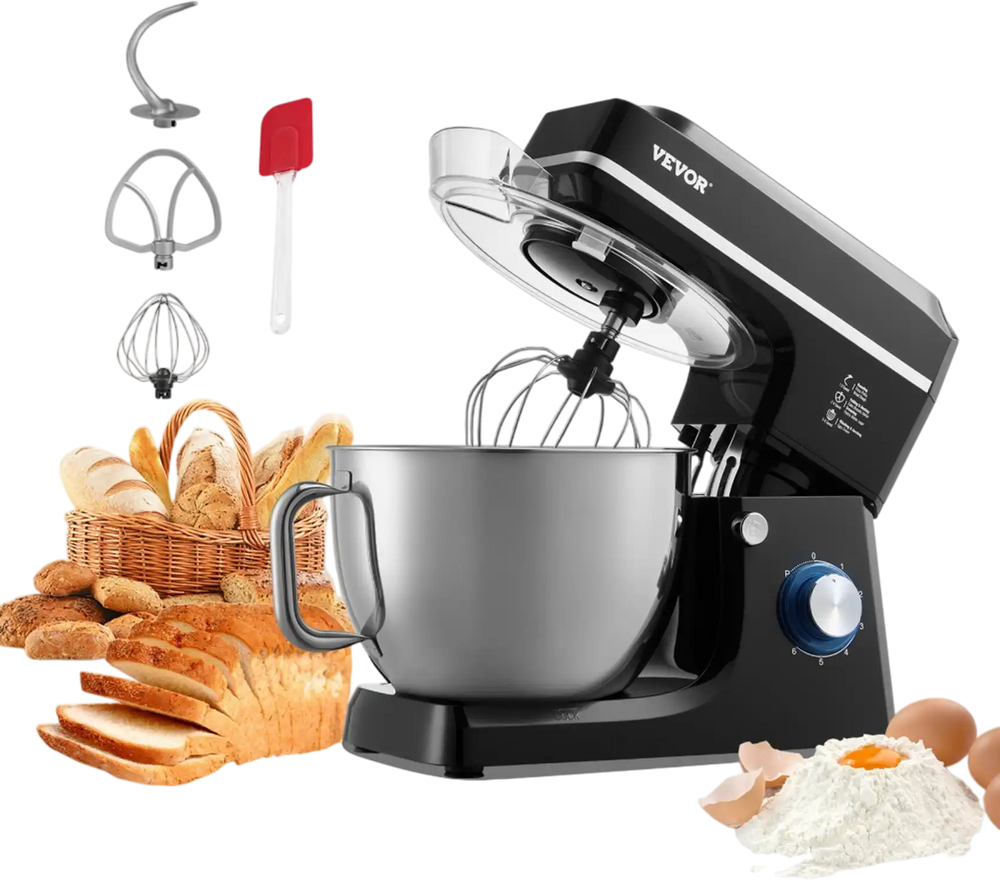 VEVOR Stand Mixer, 8.3QT Dough Mixer, 660W 6+P Speeds Tilt-head Food Mixer with Stainless Steel Bowl, Dough Hook, Wire Whip, Flat Beater, Scraper, Household Stand Mixer for Baking & Mixing, Black