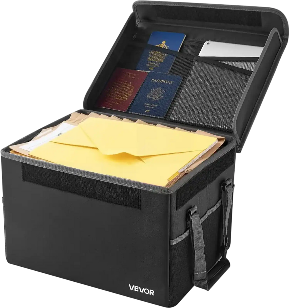 VEVOR Fireproof Document Box, 1832 ℉ Heat Insulated Fireproof & Waterproof Box, Space-Saving and Foldable Design, Portable Home Office Travel File Organizer, for Passports, Important Documents, Files