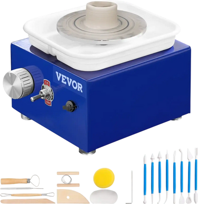 VEVOR Mini Pottery Wheel, for Kids or Beginners, 2 Turntables 2.6in/3.9in Ceramic Wheel Machine, Adjustable 0-300RPM Speed ABS Detachable Basin, 17 Pottery Accessories, Work Art Craft DIY, 30W, Blue