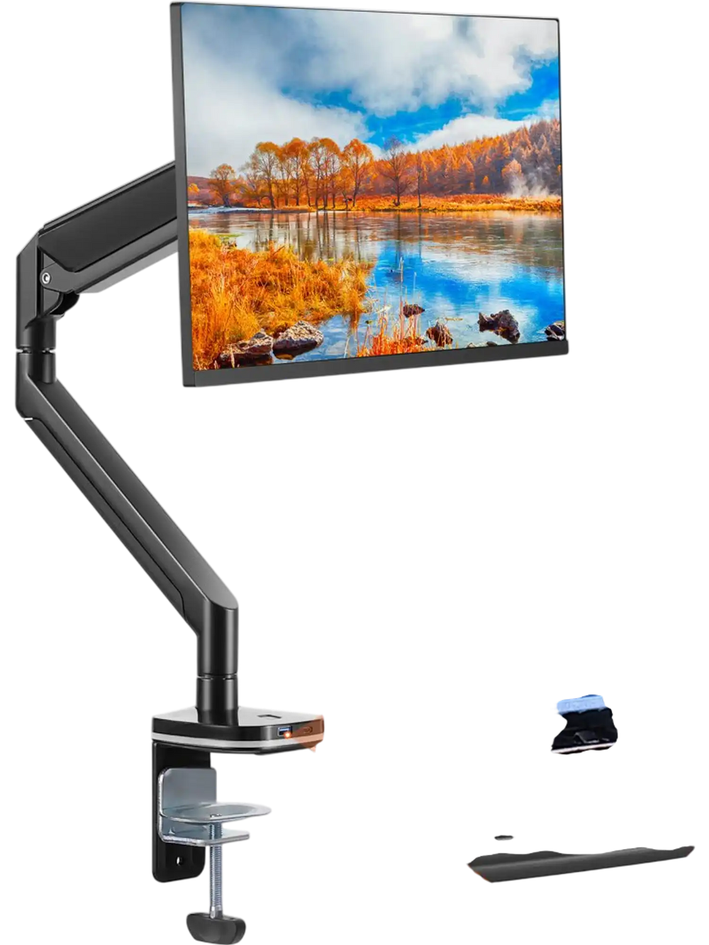 VEVOR Single Monitor Mount with USB, Supports 13"-35" Screen, Adjustable Gas Spring Monitor Arm, Holds up to 26.4 lbs, Monitor Arm Desk Mount with C-Clamp/Grommet Mounting Base, VESA Mount 75/100mm