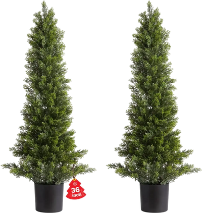 VEVOR Artificial Topiary Cedar Trees, 36 inch 2 Set Faux Pine Shrubs Plants, Fake Silk Tree Look Real, Easy Assembly for Decor Front Porch Outdoor Patio Garden Balcony Backyard Indoor Office