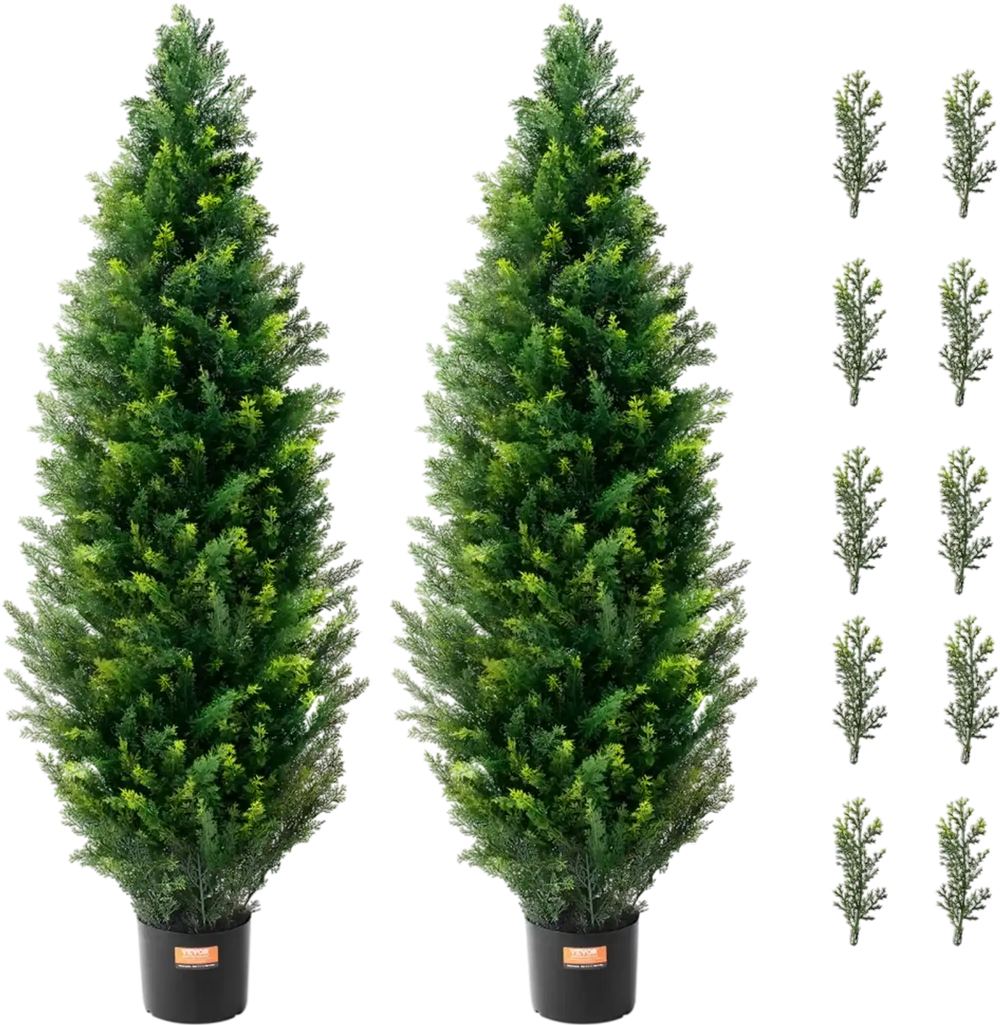 VEVOR Artificial Cedar Topiary Tree, 48 inch Tall (2 Pieces), with Extra Leaves & Pot Faux Evergreen Fake Pine Cypress Trees Plant, UV Rated Artificial Greenery Set for Home Decor Indoor/Outdoor