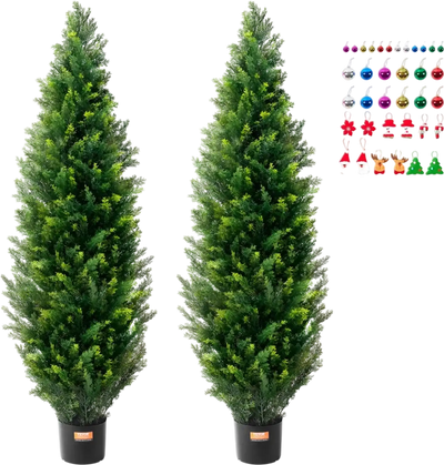 VEVOR Artificial Cedar Topiary Tree, 60 inch Tall (2 Pieces), with Extra Leaves & Pot Faux Evergreen Fake Pine Cypress Trees Plant, UV Rated Artificial Greenery Set for Home Decor Indoor/Outdoor