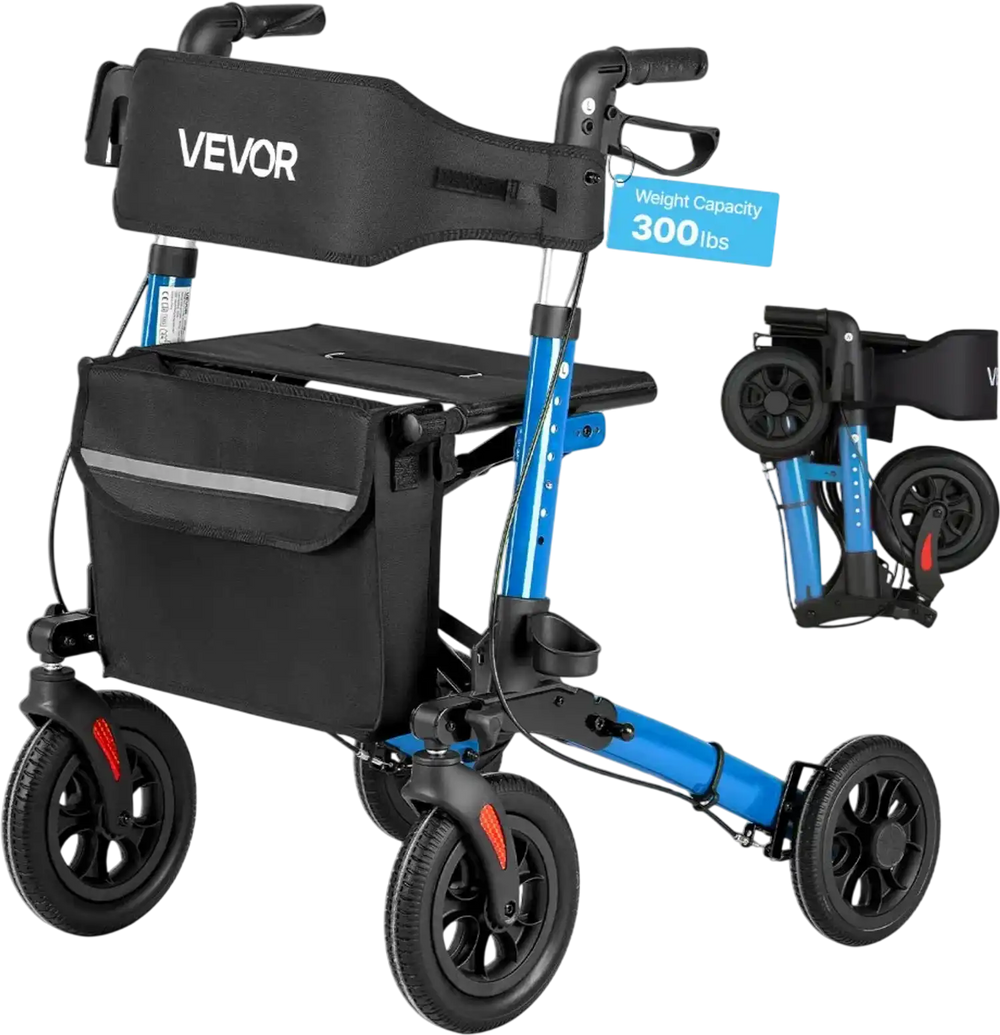 VEVOR Rollator Walker with Seat for Seniors, Ultra Compact 3-Fold Rolling Walker, Lightweight Aluminum Mobility Walking Aid with PU Solid Wheels, Adjustable Handle, Cup & Cane Holder - Supports 300LBS