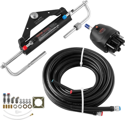 VEVOR Hydraulic Steering Kit 150HP Hydraulic Outboard Steering System 24 ft, Marine Boat Steering System, 2.5 MPa Helm Pump, Two-Way Lock Cylinder, 24 Feet High-Strength Hoses, for Single-Engine Use