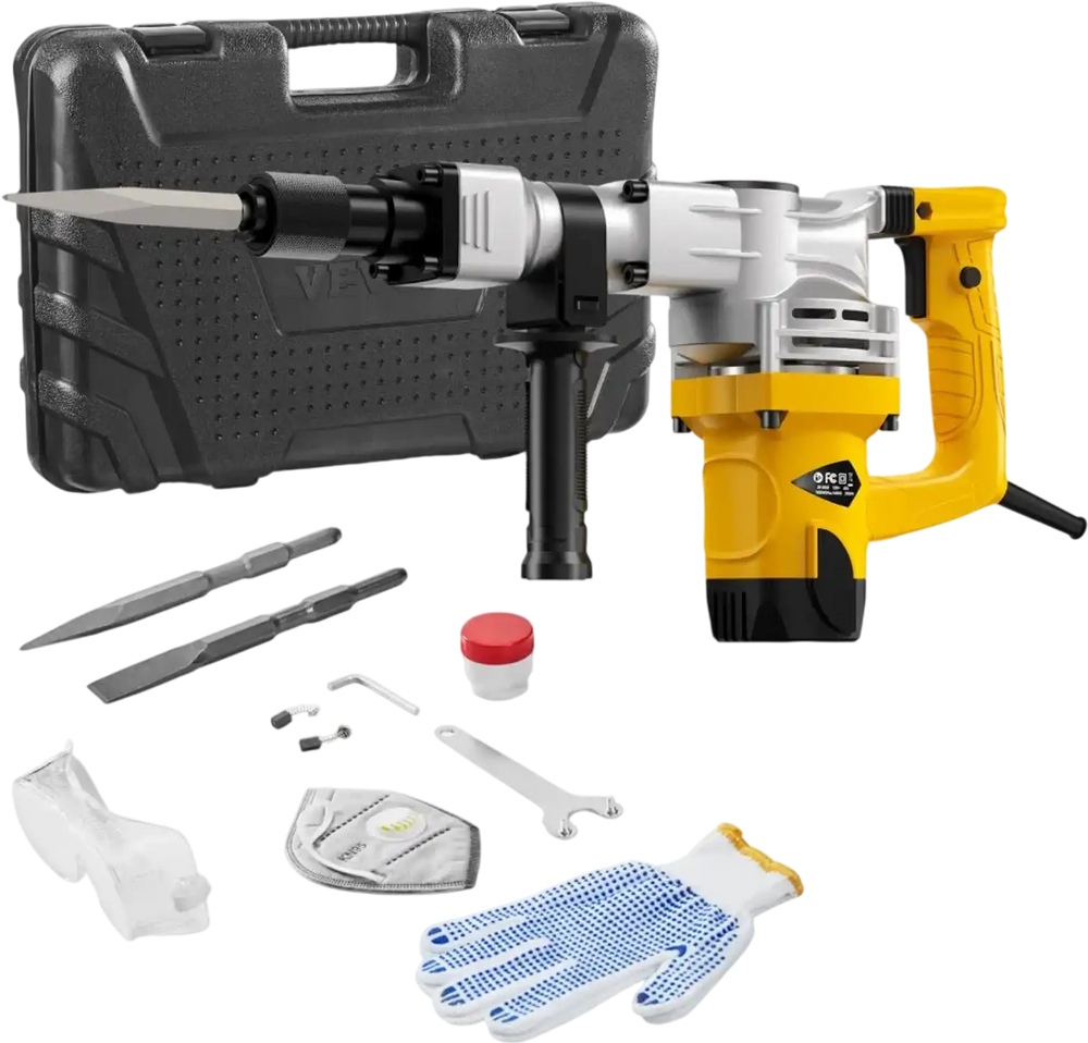 VEVOR Demolition Jack Hammer, 1400W Electric Jackhammer Heavy Duty, 2900 BPM Jack Hammer Concrete Breaker, with 1 Point Chisel, 1 Flat Chisel, Storage Case, Gloves and Goggles, for Demolition