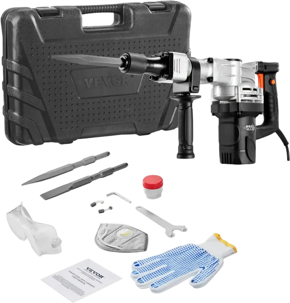 VEVOR Demolition Jack Hammer, 1400W Electric Jackhammer Heavy Duty, 2pcs Chisels Bits Chipping with Case, 2900 BPM Concrete Breaker, Gloves Black