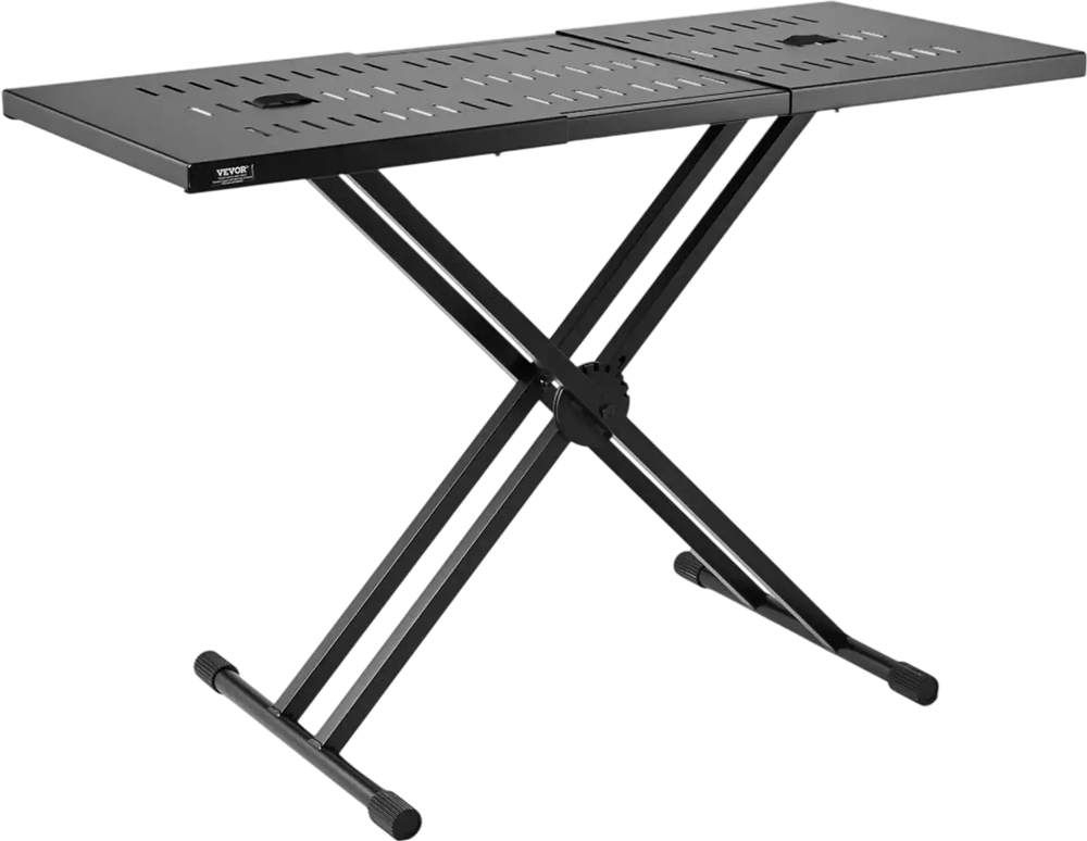 VEVOR DJ Table Stand, (32"-43") x 18" Portable DJ Laptop and Controller Stand, Lightweight DJ Desk DJ Booth Adjustable Height DJ Stand, Foldable Double-X Keyboard Stand & Tabletop, Audio Mixer Stand