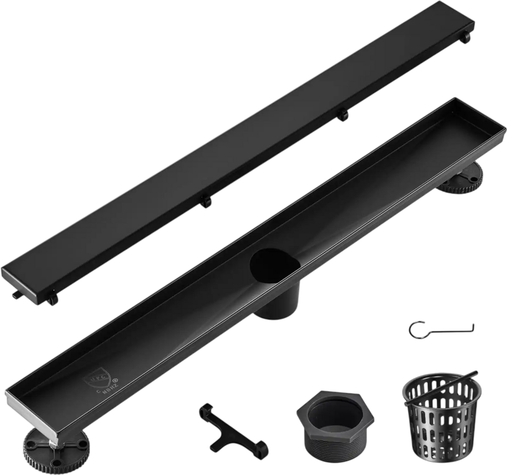 VEVOR 24-Inch Linear Shower Drain Offset with Tile Insert Cover,Brushed 304 Stainless Steel Rectangle Shower Floor Drain, Sleek Linear Drain with Hair Strainer, Black