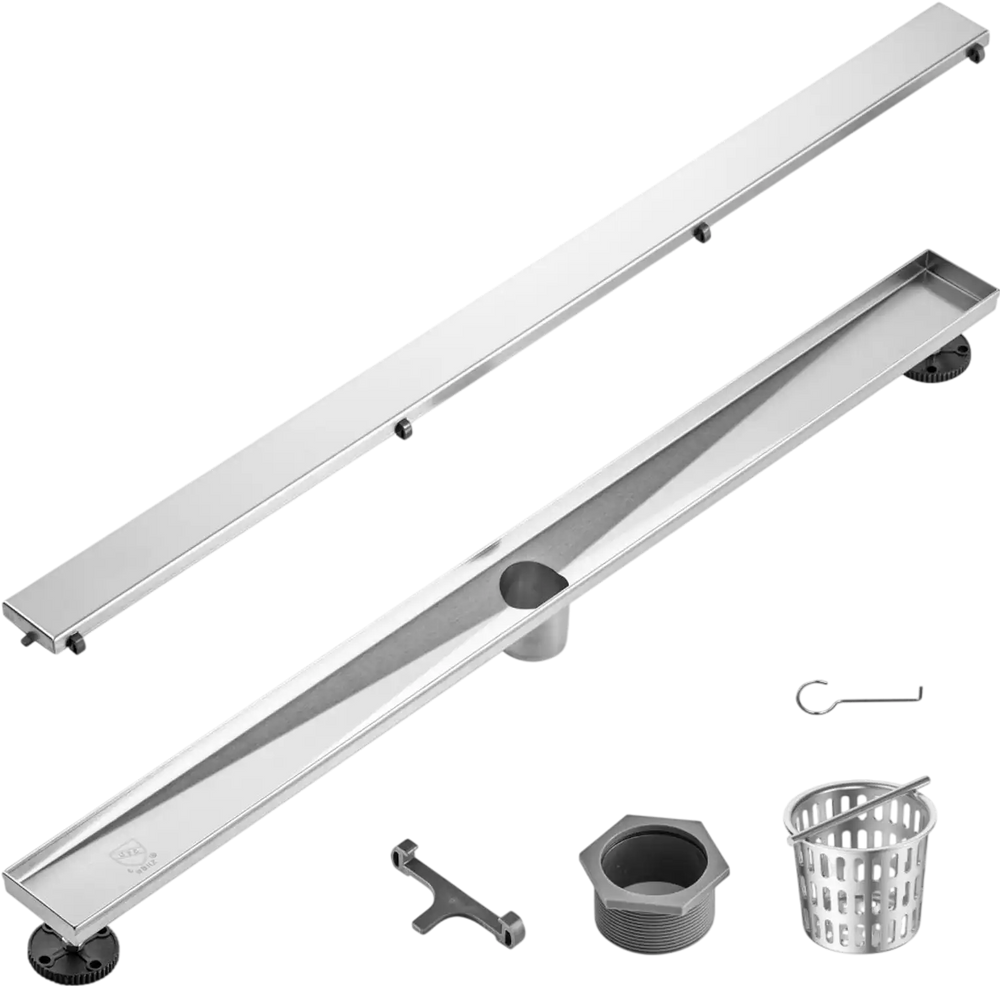 VEVOR 36Inch Linear Shower Drain Offset with Tile Insert Cover,Brushed 304 Stainless Steel Rectangle Shower Floor Drain,Linear Drain with Leveling Feet,Hair Strainer Silver
