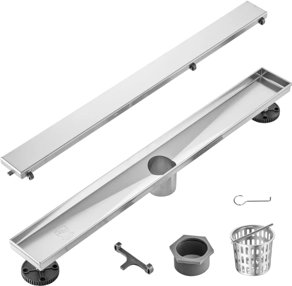 VEVOR 24Inch Linear Shower Drain Offset with Tile Insert Cover,Brushed 304 Stainless Steel Rectangle Shower Floor Drain,Linear Drain with Leveling Feet,Hair Strainer Silver