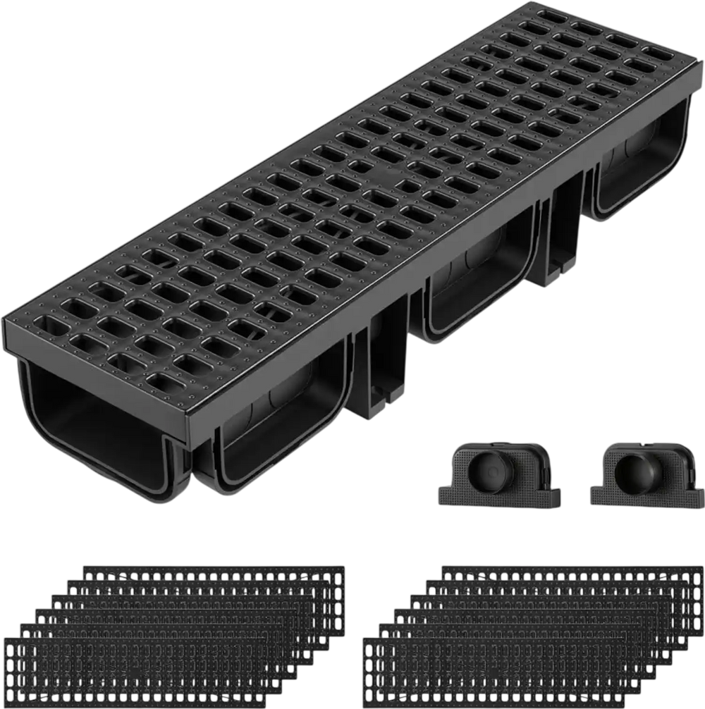 VEVOR Trench Drain, 20.1 x 5.5 x 3.5 in, 12 Pack Linear Drainage Channel, HDPE Channel Drain with Grates & End Caps, Premium Outdoor Drainage System for Driveway, Patio, Pool, Garden, Yard, Black