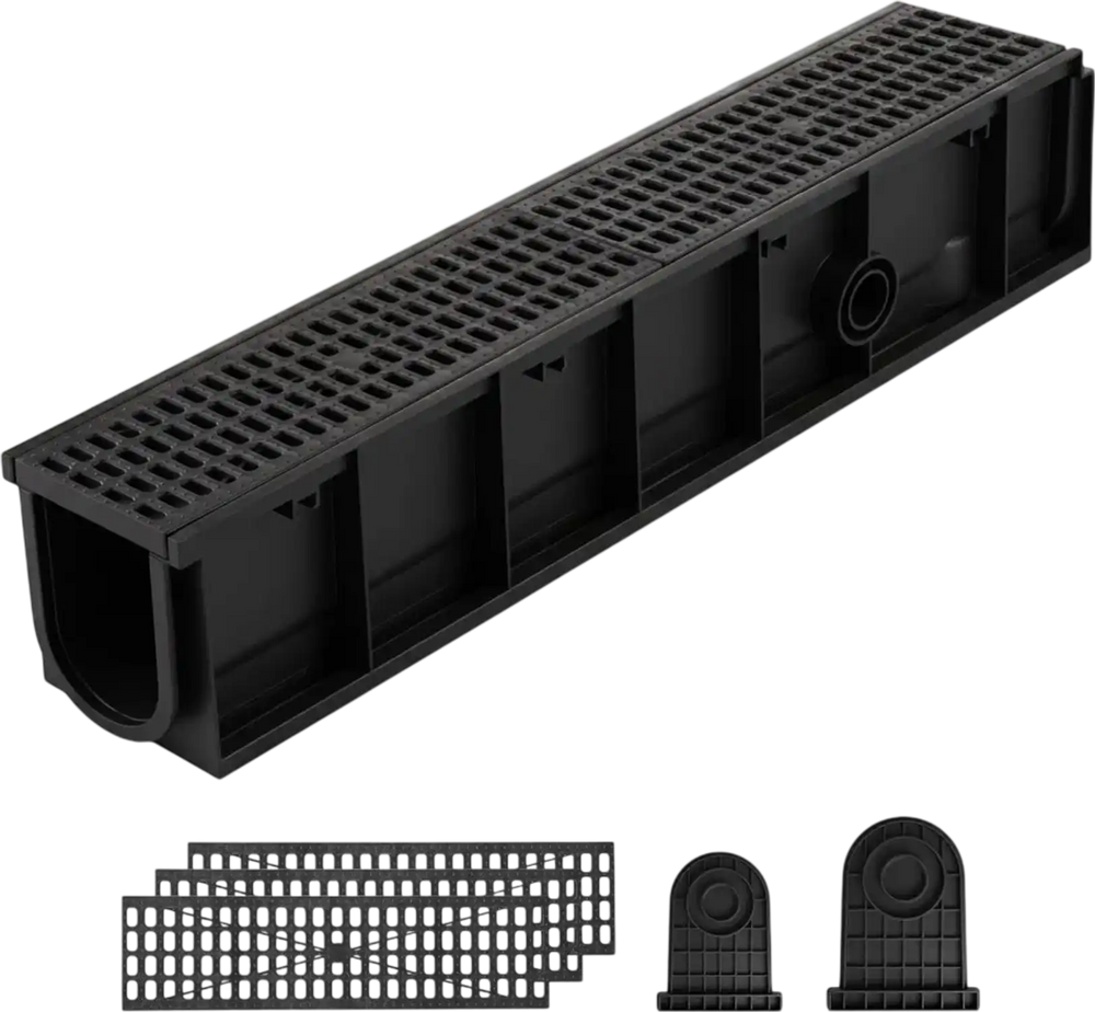 VEVOR Trench Drain, 40.1 x 6.1 x 8.0 in, 4 Pack Linear Drainage Channel, HDPE Channel Drain with Grates & End Caps, Premium Outdoor Drainage System for Driveway, Patio, Pool, Garden, Yard, Black