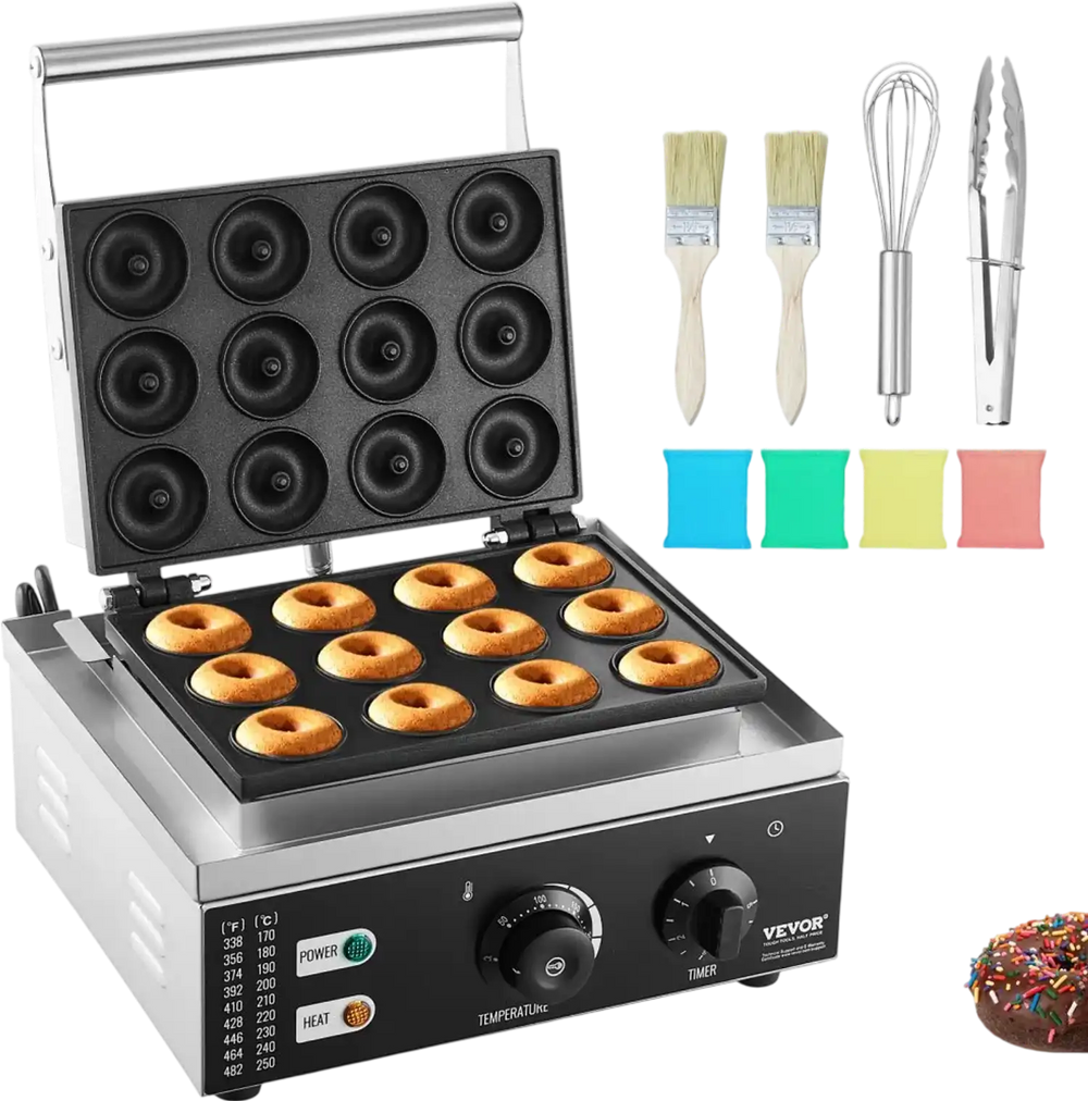 VEVOR Electric Donut Maker, 1550W Commercial Doughnut Machine with Non-stick Surface, 12 Hole Double-Sided Heating Waffle Machine Makes 12 Doughnuts, Temperature 122-572℉, for Restaurant & Home Use
