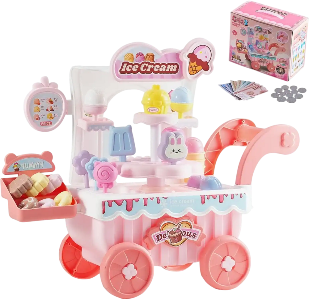 VEVOR Ice Cream Cart for Kids, 27 PCS Accessories, Pretend Play Store with Storage Trolley with Pretend Money, Sound & Light Effects, Montessori Educational Ice Cream Truck Toys for Toddlers 3+ (Pink)