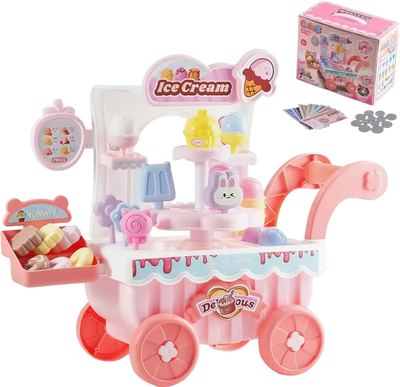 Vevor Ice Cream Cart Toy Pretend Play Store with Storage Trolley Pink New