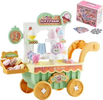 VEVOR Ice Cream Cart for Kids, 27 PCS Accessories, Pretend Play Store with Storage Trolley with Pretend Money, Sound & Light Effects, Montessori Educational Ice Cream Truck Toys for Toddlers 3+