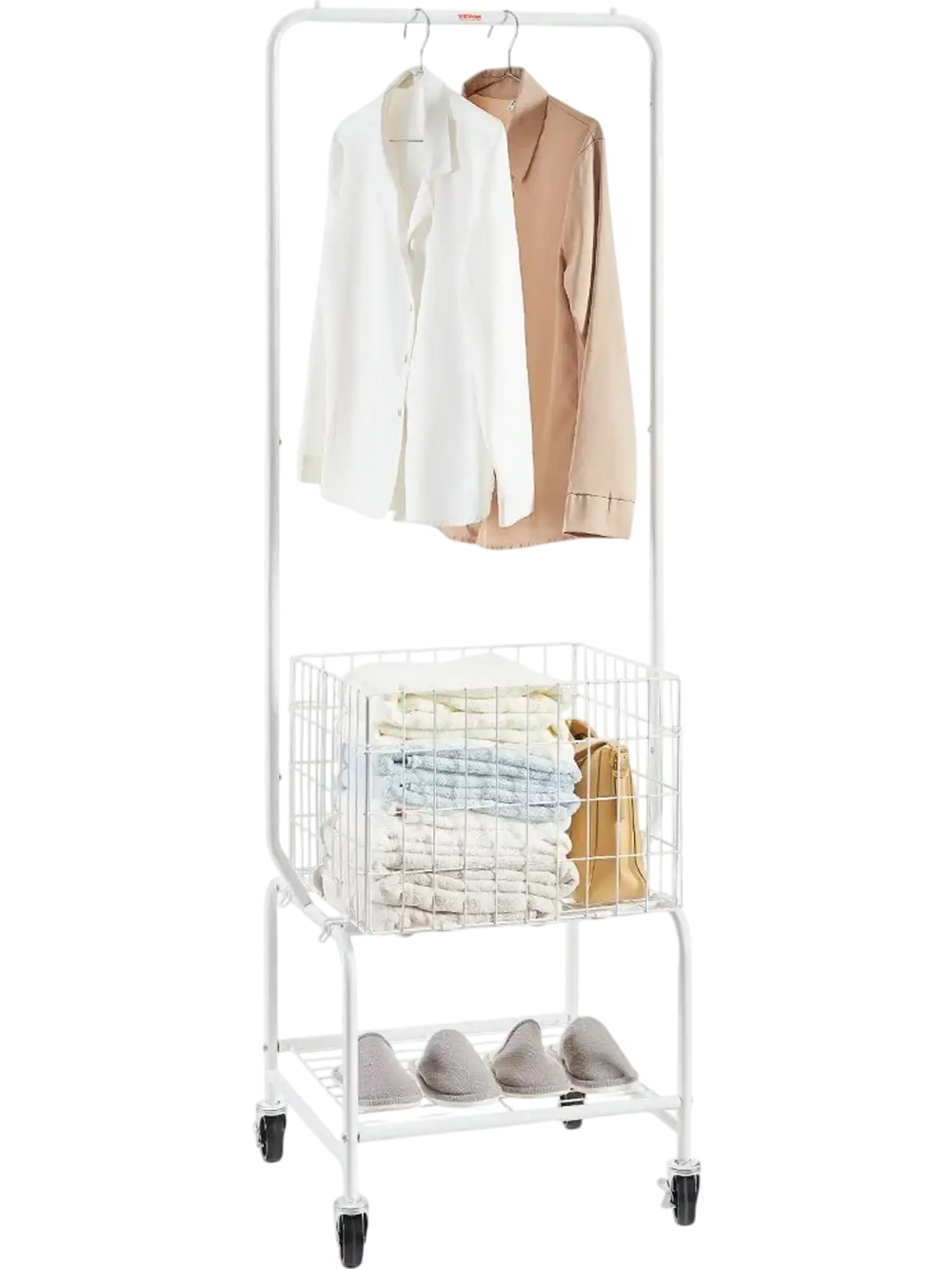 VEVOR Metal Rolling Laundry Basket with Hanging Garment Rack, Height Adjustment Laundry Hamper Cart with Basket Load and Shelf Load, Storage Organizer with Heavy Duty Lockable Wheels