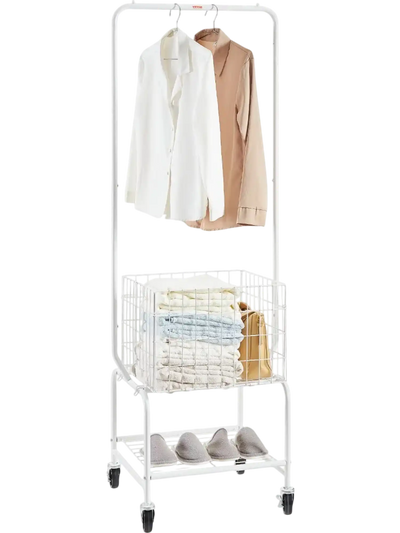 Vevor Laundry Hamper Cart Rolling Metal Basket with Hanging Garment Rack New