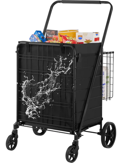 VEVOR Folding Shopping Cart with Removable Waterproof Liner, 210LBS Large Capacity Jumbo Grocery Cart with Dual Basket, 360° Swivel Wheels, Dense Metal Mesh Base, Heavy Duty Utility Cart for Shopping