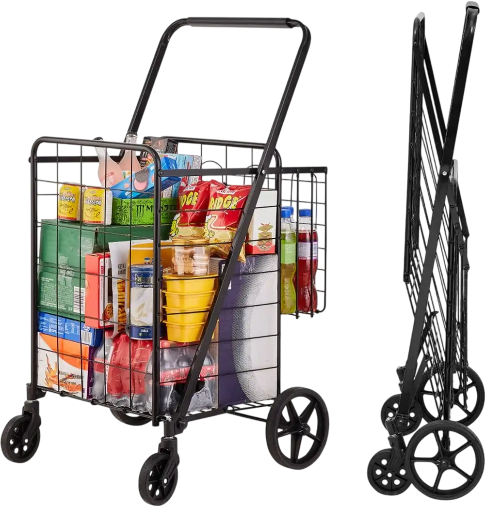 VEVOR Folding Shopping Cart, Jumbo Grocery Cart with Double Baskets, 360° Swivel Wheels, Heavy Duty Utility Cart, 110 LBS Large Capacity Utility Cart for Laundry, Shopping, Grocery, Luggage