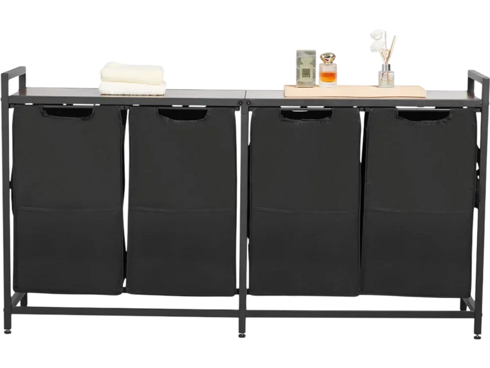 VEVOR 4 Section Laundry Sorter, Large Laundry Hamper with Metal Frame and Wooden Tabletop, Freestanding Storage Organizer Baskets with Pull-Out 600D Oxford Cloth Bags for Dirty Clothes, Bathroom