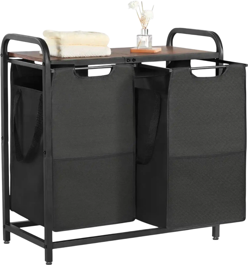 VEVOR 2 Section Laundry Sorter, Large Laundry Hamper with Metal Frame and Wooden Tabletop, Freestanding Storage Organizer Baskets with Pull-Out 600D Oxford Cloth Bags for Dirty Clothes, Bathroom