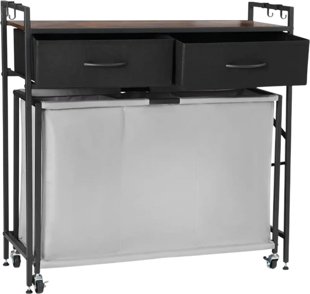 VEVOR 3 Section Laundry Sorter, Rolling Laundry Hamper with 2 Drawers, Hooks & Wheels, Rolling Basket Organizer Storage with Pull-Out Rolling Bags and Wooden Tabletop for Dirty Clothes, Bathroom