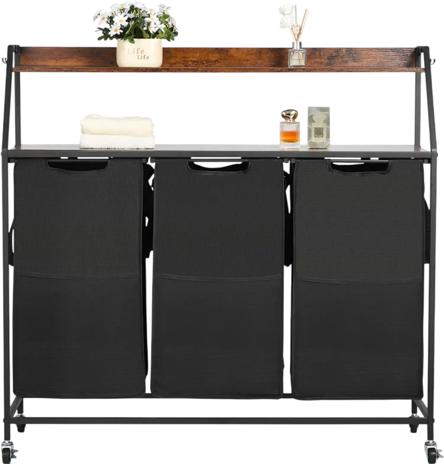 Vevor Laundry Hamper 3-Section Rolling Sorter with 2-Tier Shelves and Wooden Tabletop New