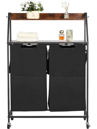 VEVOR 2 Tiers Laundry Sorter, Tall Laundry Hamper with Metal Frame and Wooden Tabletop, 2 Section Rolling Basket Organizer Storage with Ladder Shelves and 600D Oxford Cloth Bags for Dirty Clothes