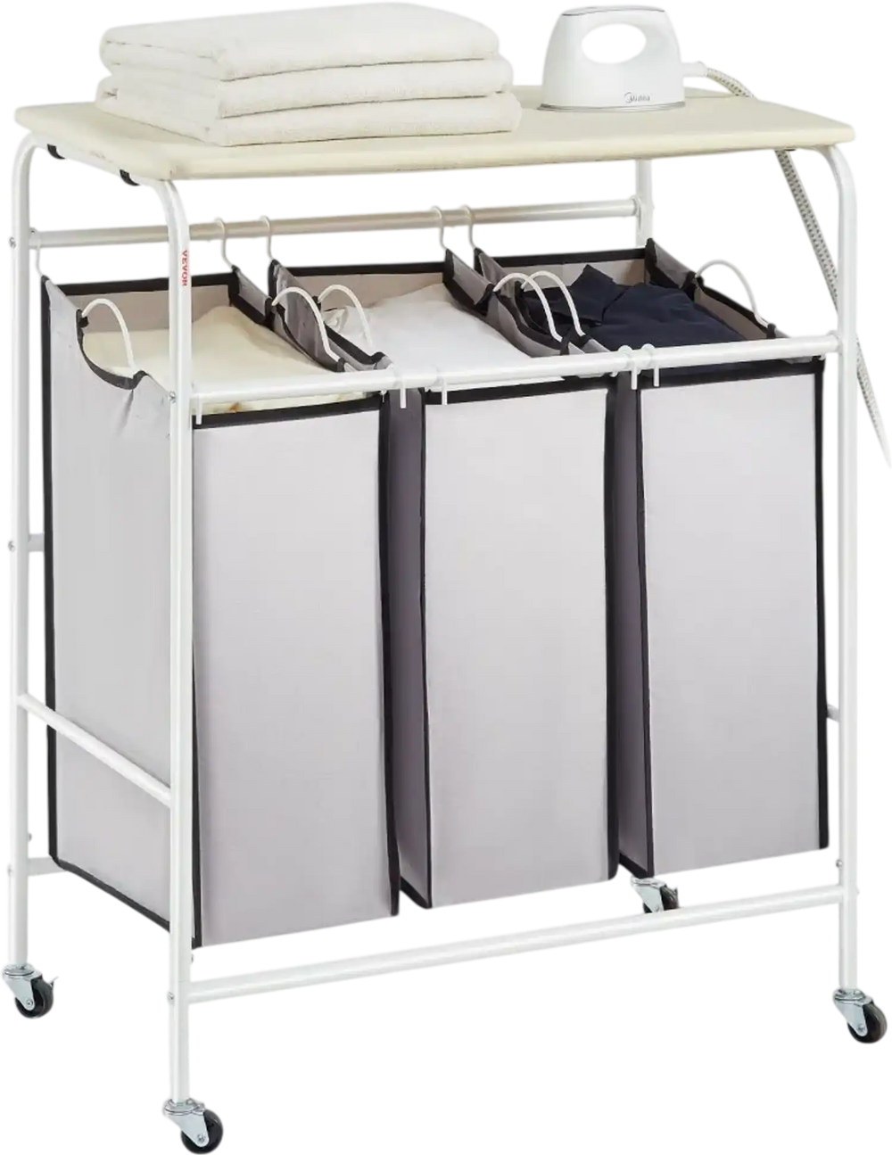 VEVOR 3-Section Laundry Sorter Cart with Ironing Board, Laundry Hamper with Heavy Duty Lockable Wheels and 3 Removable Bag, Rolling Laundry Basket Sorter for Clothes Storage