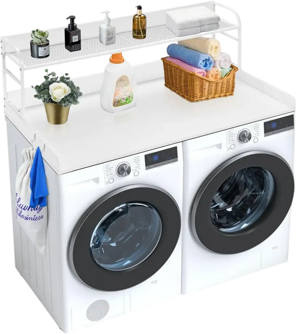 VEVOR Washer Dryer Countertop with 2-Tier Shelf, 54" x 27" Wooden Washer and Dryer Countertop with Anti-Slip Pads, Water-Resistant Laundry Topper Cover for Laundry Room Organization and Storage, White