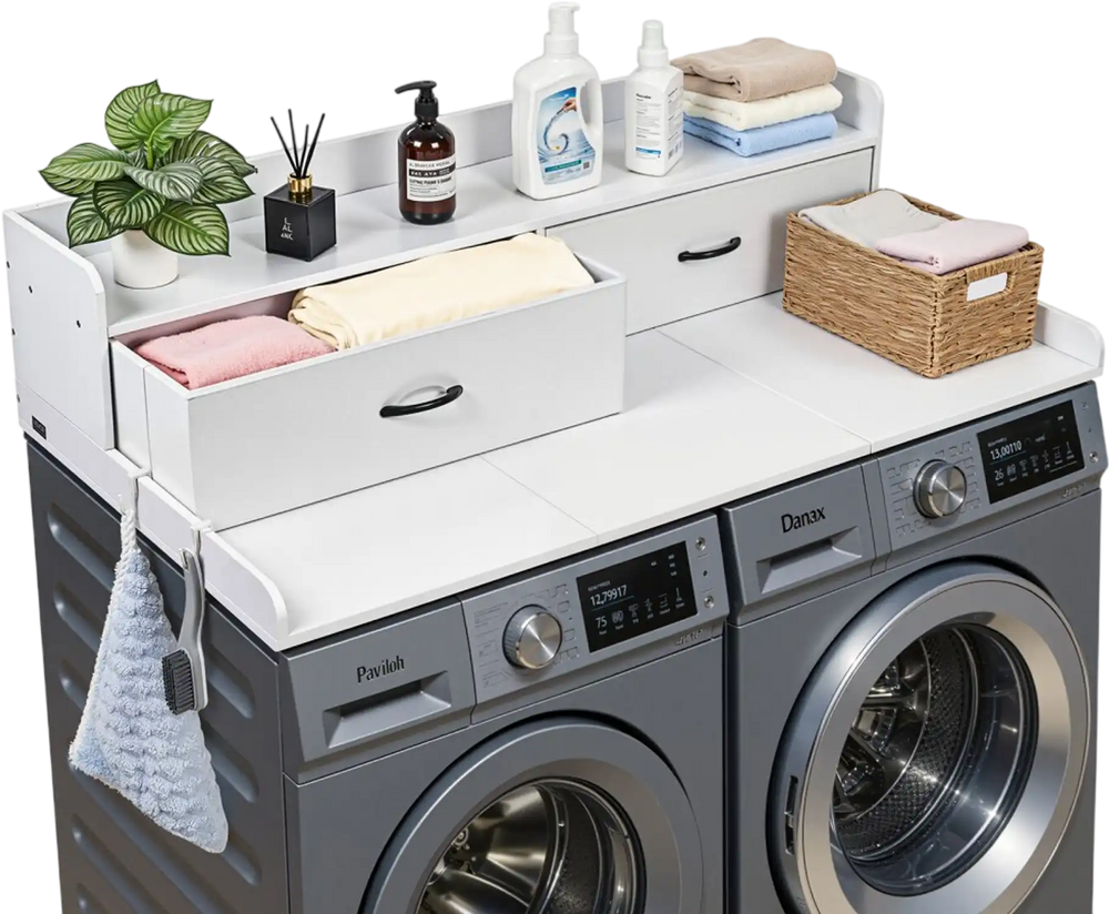 VEVOR Washer Dryer Countertop with Shelf, 54 x 27.5 in Wooden Washer and Dryer Topper with 2 Drawers & 2 Hooks, Laundry Machine Topper for Laundry Closet Pantry Counter Organization and Storage, White