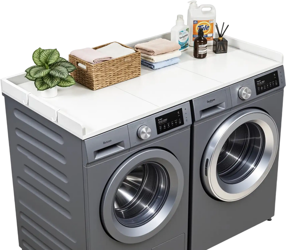 VEVOR Washer Dryer Countertop, 54 x 27.5 in Wooden Washer and Dryer Topper with Edge & 2 Hooks, Water-Resistant Laundry Machine Topper for Laundry Closet Pantry Counter Organization and Storage, White