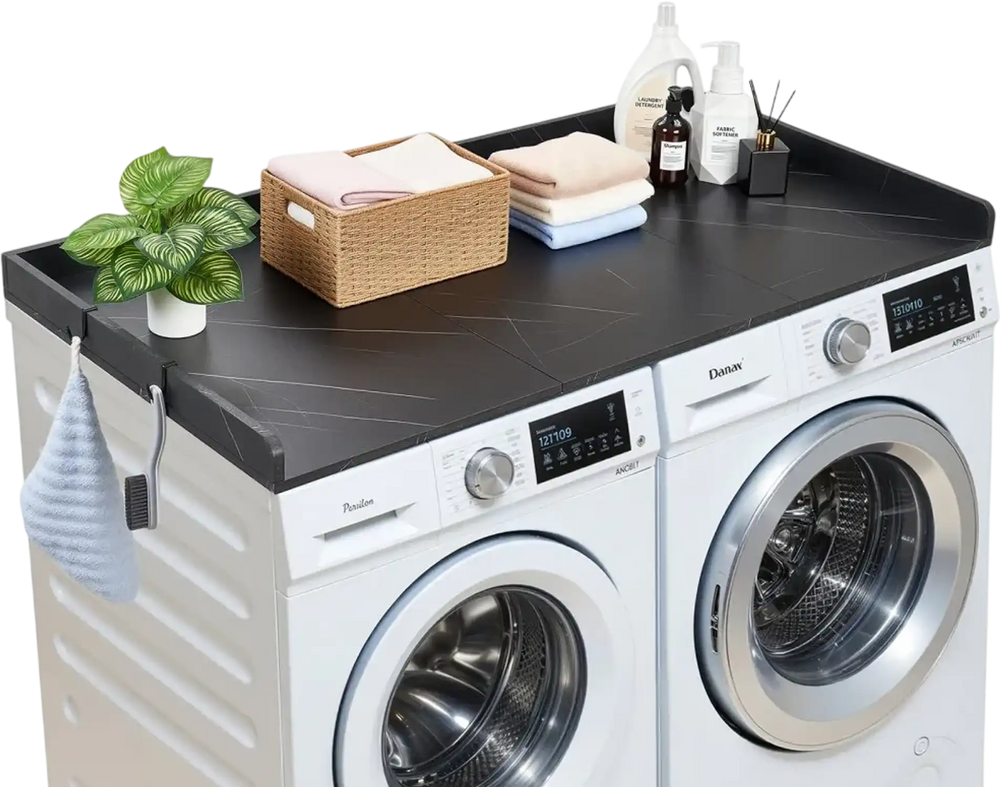 VEVOR Washer Dryer Countertop, 54 x 27.5 in Marble Washer and Dryer Topper with Edge & 2 Hooks, Water-Resistant Laundry Machine Topper for Laundry Closet Pantry Counter Organization and Storage, Black