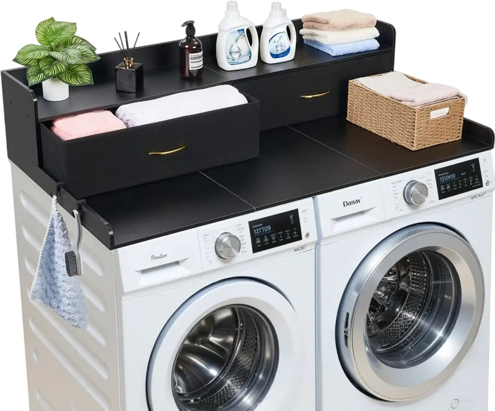 VEVOR Washer Dryer Countertop with Shelf, 54 x 27.5 in Wooden Washer and Dryer Topper with 2 Drawers & 2 Hooks, Laundry Machine Topper for Laundry Closet Pantry Counter Organization and Storage, Black