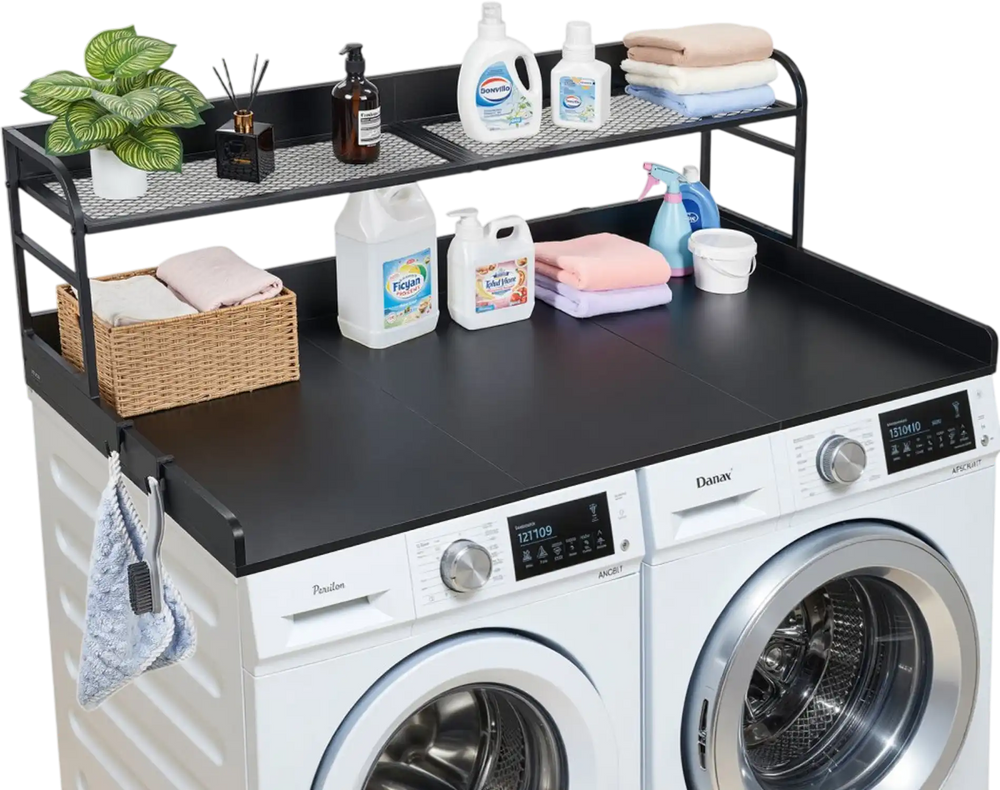 VEVOR Washer Dryer Countertop with Shelf, 54 x 27.5 in Wooden Washer and Dryer Topper with Edge and 2 Hooks, Laundry Machine Topper for Laundry Closet Pantry Counter Organization and Storage, Black