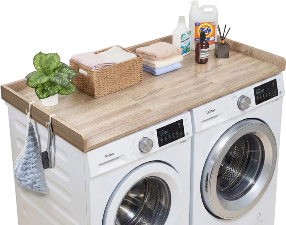 VEVOR Washer Dryer Countertop, 54 x 27.5 in Wooden Washer and Dryer Topper with Edge & 2 Hooks, Water-Resistant Laundry Machine Topper for Laundry Closet Pantry Counter Organization and Storage, Oak